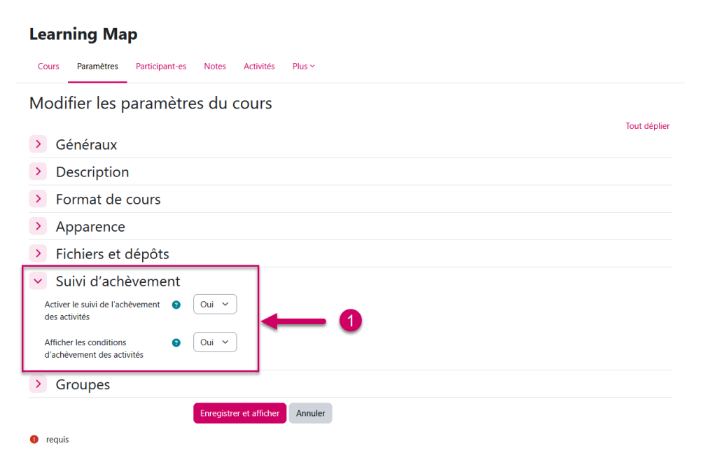 Image des paramètres d'un cours, plus spécifiquement, les conditions d'achèvements